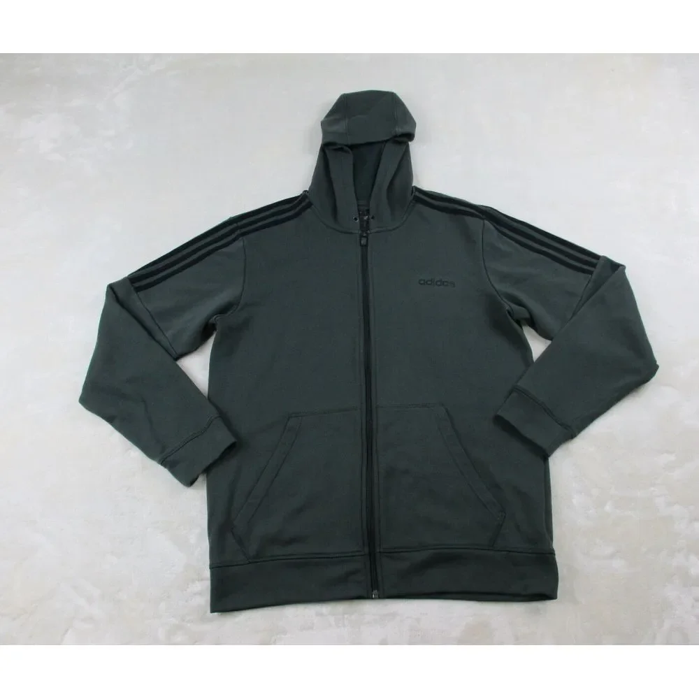 Adidas Sweater Mens Large Gray Full Zip Spell Out Stripes‎ Logo Hooded Casual*